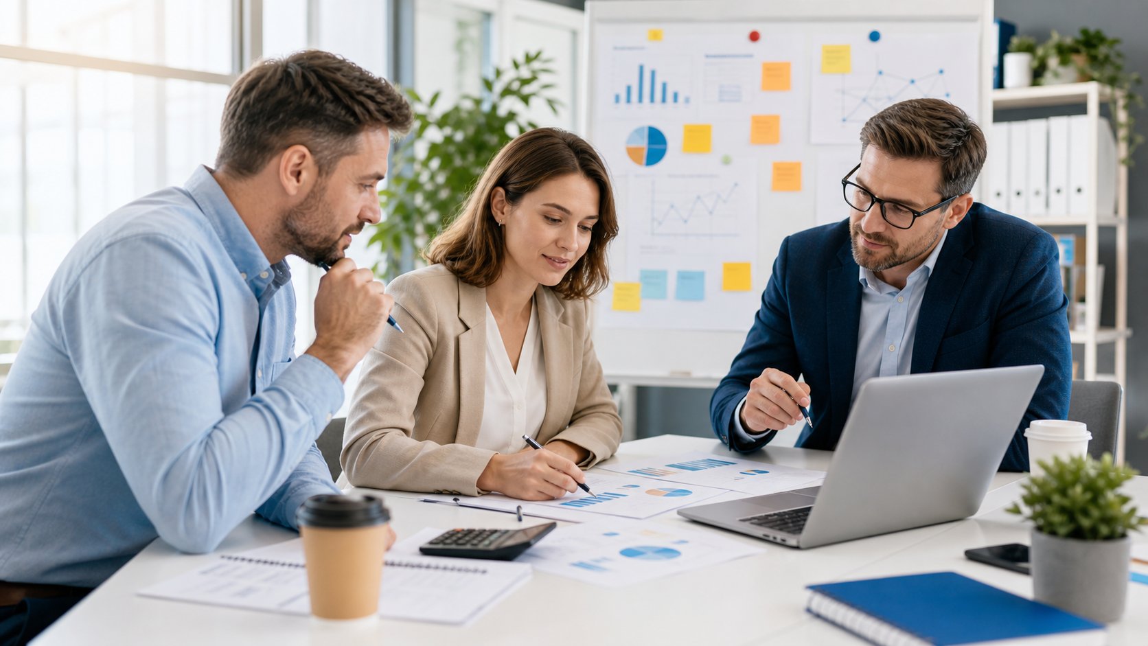 Команда обсуждает бюджет внедрения CRM и этапы запуска